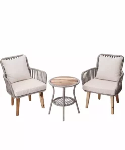 TeamsonUS Teamson Home Indoor/Outdoor 3 Piece Wicker Bistro Patio Set With Table, Chairs And Cushions Set, Tan/Brown