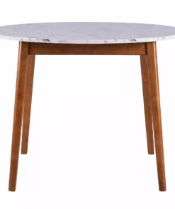 TeamsonUS Teamson Home Ashton Round Marble-Look Dining Table With Wood Base, Marble/Walnut