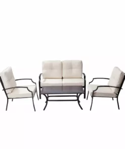 TeamsonUS Teamson Home Outdoor 4-Piece Metal Patio Set With Loveseat, Two Chairs & Table, Black/Beige