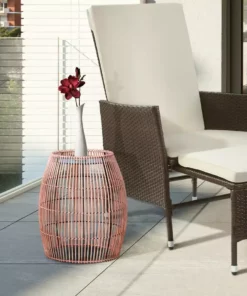 TeamsonUS Teamson Home Large Round Outdoor Patio Bamboo Side Table With Iron Top, Brown