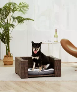 TeamsonUS Teamson Pets Clotho Outdoor Cat Or Small Dog Wicker Bed With Cushion, Walnut/Gray New