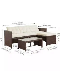 TeamsonUS Teamson Home Outdoor 3-Piece Rattan Patio Sectional Set With Loveseat, Chaise Lounge And Coffee Table, Brown/White