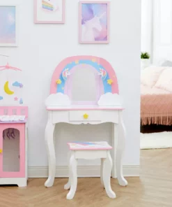 TeamsonUS Fantasy Fields Little Dreamer Rainbow Unicorn Vanity Table Set With Mirror And Stool, White Kids
