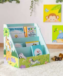 TeamsonUS Fantasy Fields Kids Painted Wooden Sunny Safari 3-Tiered Bookshelf, Blue/Green