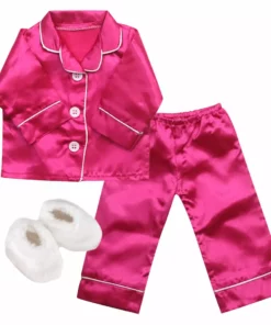 TeamsonUS Sophia's 3 Piece Satin Pajama Set With Slippers For 18" Dolls, Hot Pink