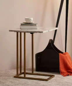 TeamsonUS Teamson Home Marmo Modern Marble-Look C Shape Side Table With Extension, Marble/Brass