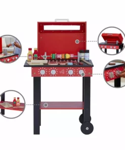 TeamsonUS Teamson Kids Little Helper Wooden Backyard BBQ Grill Playset With 26 Cooking Accessories, Red/Black