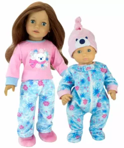 TeamsonUS Sophia's 2 Piece Winter Print Fleece Sleeper Outfit With Hat Set For 15'' Dolls, Blue/Pink Kids