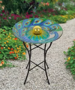TeamsonUS Teamson Home 18 Inch Solar Glass Birdbath - Peacock