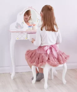 TeamsonUS Fantasy Fields Swan Lake Kids Vanity Table Set With Stool, White/Gray