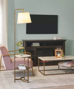 TeamsonUS Teamson Home Lilah Floor Lamp With Faux Marble Tray Table And Built-In USB Port, White/Brass