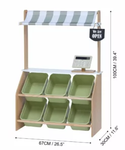 TeamsonUS Teamson Kids Little Helper Wooden Play Farmer's Market Stand With Cash Register And Storage Bins, Natural/Green