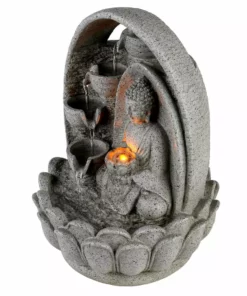 TeamsonUS Teamson Home 4-Tiered Buddha Tabletop Waterfall Fountain With LED Lights, Gray