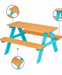 TeamsonUS Teamson Kids Child Sized Wooden Outdoor Picnic Table, Warm Honey/Aqua