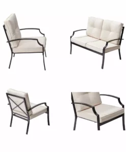 TeamsonUS Teamson Home Outdoor 4-Piece Metal Patio Set With Loveseat, Two Chairs & Table, Black/Beige