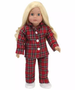TeamsonUS Kids Sophia's Red Flannel Pajamas And Slippers Set For 18" Dolls