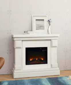 TeamsonUS New Teamson Home Hestia Electric Fireplace Mantel With Gray Faux Marble, White