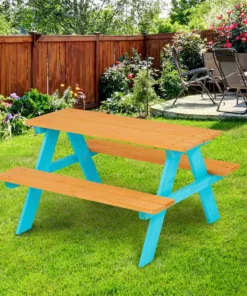 TeamsonUS Teamson Kids Child Sized Wooden Outdoor Picnic Table, Warm Honey/Aqua