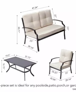 TeamsonUS Teamson Home Outdoor 4-Piece Metal Patio Set With Loveseat, Two Chairs & Table, Black/Beige