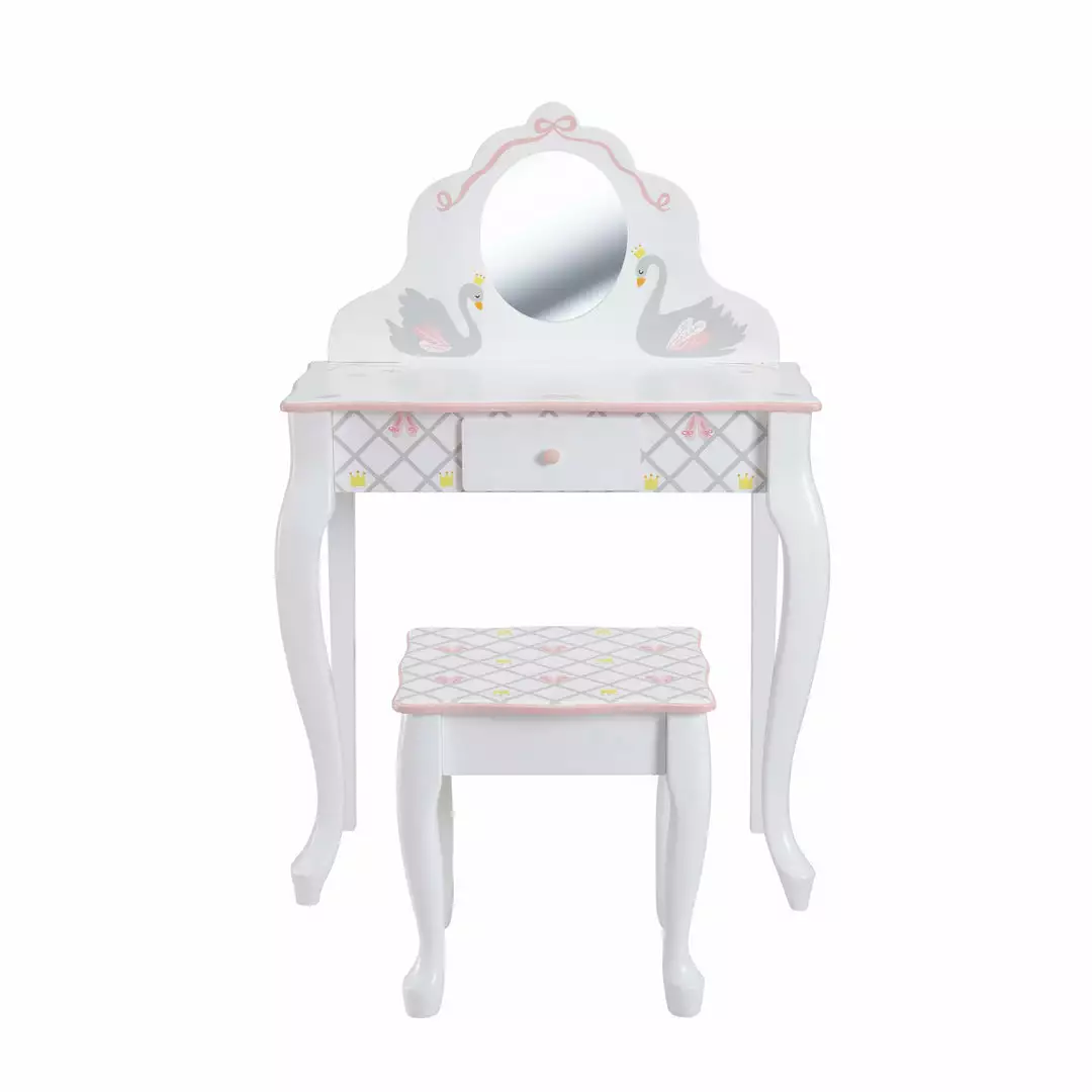 TeamsonUS Fantasy Fields Swan Lake Kids Vanity Table Set With Stool, White/Gray 6 TeamsonUS Fantasy Fields Swan Lake Kids Vanity Table Set With Stool, White/Gray