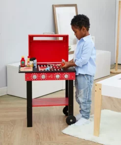 TeamsonUS Teamson Kids Little Helper Wooden Backyard BBQ Grill Playset With 26 Cooking Accessories, Red/Black