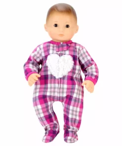 TeamsonUS Kids Sophia's Flannel Sleeper With Sherpa Heart Design For 15'' Dolls, Hot Pink