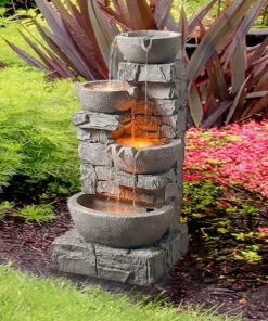 TeamsonUS Teamson Home Stacked Stone Tiered Bowl Waterfall Fountain W/ LED Light, Gray