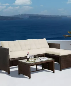 TeamsonUS Teamson Home Outdoor 3-Piece Rattan Patio Sectional Set With Loveseat, Chaise Lounge And Coffee Table, Brown/White