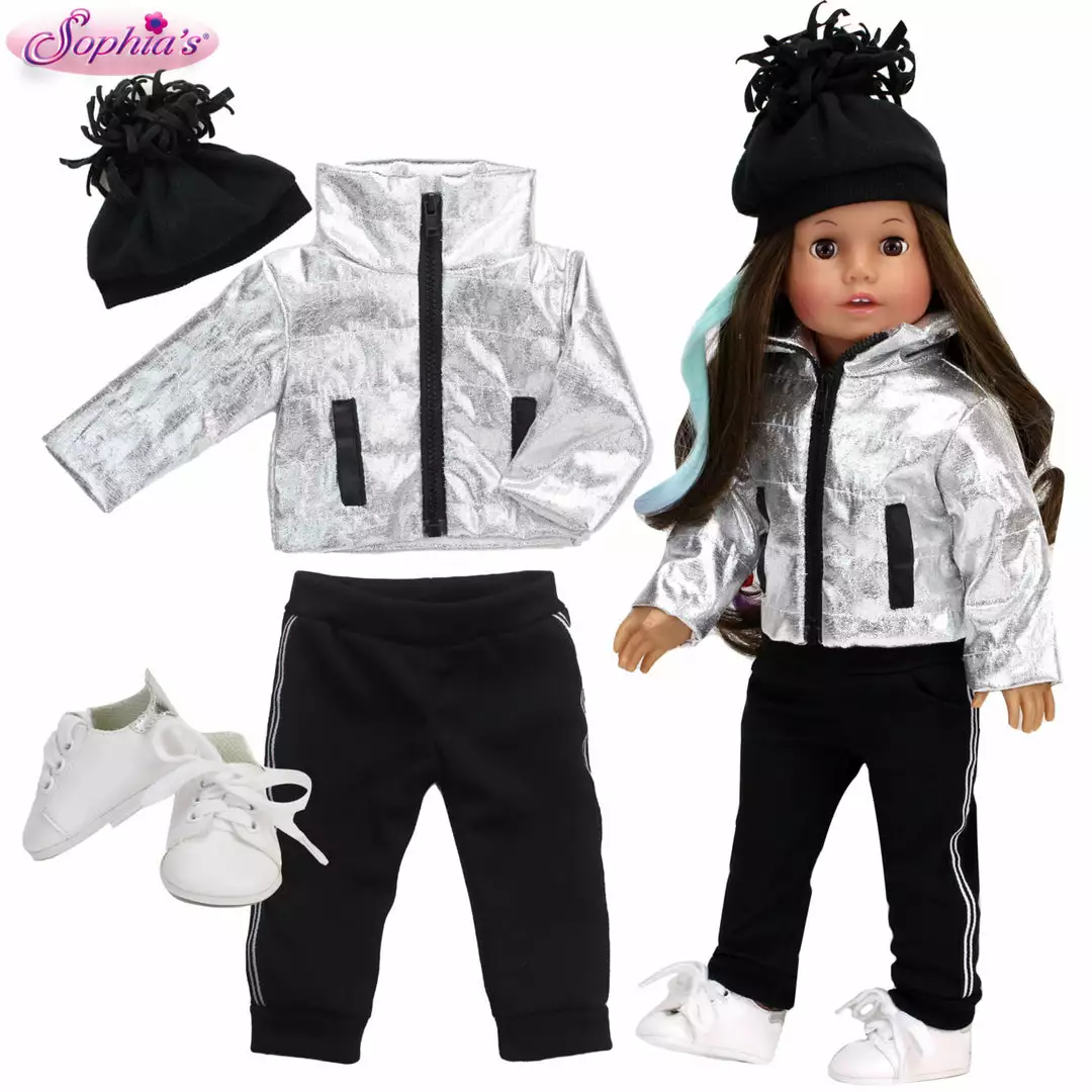 TeamsonUS Kids Sophia's 4 Pc Casual Winter Set For 18 Inch Dolls, Silver/Black 4 TeamsonUS Kids Sophia's 4 Pc Casual Winter Set For 18 Inch Dolls, Silver/Black