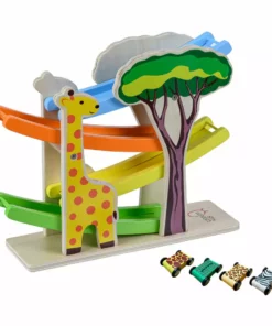 TeamsonUS Teamson Kids Preschool Play Lab Wooden Safari Ramp Racer With Animal Print Cars, Multicolor
