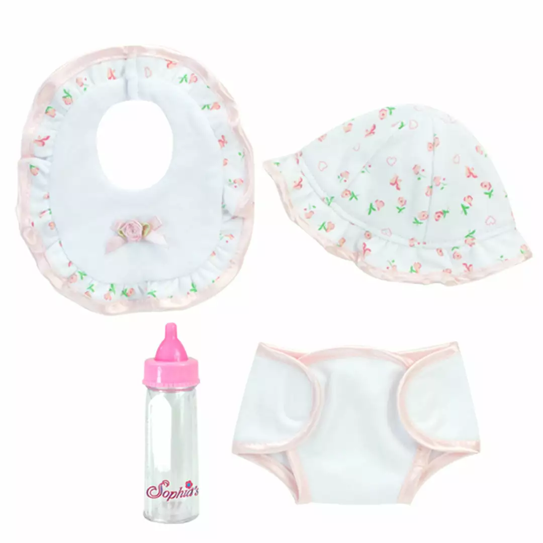 TeamsonUS Sophia's 5 Piece Floral Print Baby Doll And Bottle Set For 15'' Dolls, White/Pink 6 TeamsonUS Sophia's 5 Piece Floral Print Baby Doll And Bottle Set For 15'' Dolls, White/Pink