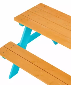 TeamsonUS Teamson Kids Child Sized Wooden Outdoor Picnic Table, Warm Honey/Aqua