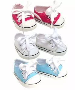 TeamsonUS Sophia's Set Of 3 Canvas Tennis Shoes For 18" Dolls, Pink, White, And Blue