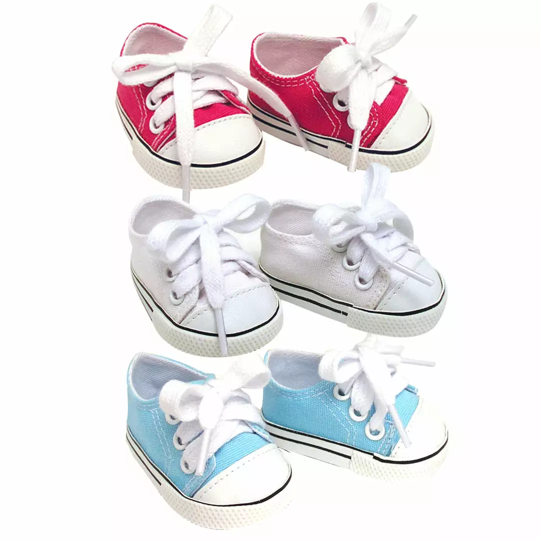 TeamsonUS Sophia's Set Of 3 Canvas Tennis Shoes For 18" Dolls, Pink, White, And Blue 3 TeamsonUS Sophia's Set Of 3 Canvas Tennis Shoes For 18" Dolls, Pink, White, And Blue