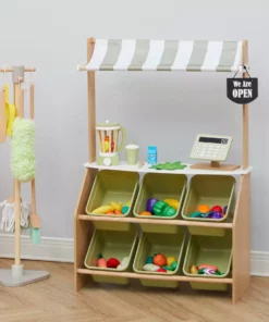 TeamsonUS Teamson Kids Little Helper Wooden Play Farmer's Market Stand With Cash Register And Storage Bins, Natural/Green