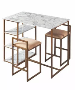 TeamsonUS Teamson Home Marmo Modern Marble-Look Breakfast Table Set With 2 Stools And Storage, Marble/Brass