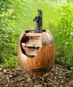 TeamsonUS Teamson Home Vintage Pump & Barrel Outdoor Waterfall Fountain, Brown