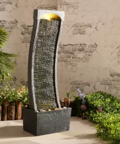 TeamsonUS Teamson Home Indoor/Outdoor Modern Curved Slate Stone-Look Tall Waterfall Fountain With LED Lights