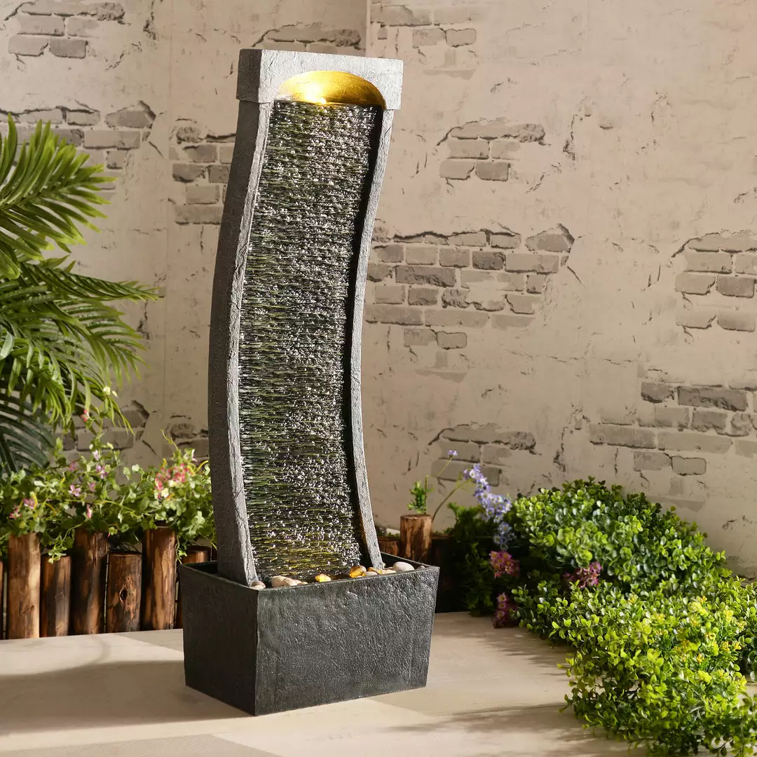 TeamsonUS Teamson Home Indoor/Outdoor Modern Curved Slate Stone-Look Tall Waterfall Fountain With LED Lights 4 TeamsonUS Teamson Home Indoor/Outdoor Modern Curved Slate Stone-Look Tall Waterfall Fountain With LED Lights
