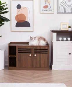 TeamsonUS Teamson Pets Robin Vented Wooden Cat Litter Box Enclosure Storage Bench, Mocha