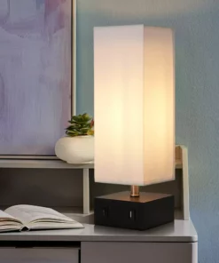 TeamsonUS Teamson Home Colette 14.5" Modern Metal Table Lamp With Square Shade And USB Port, Black/White