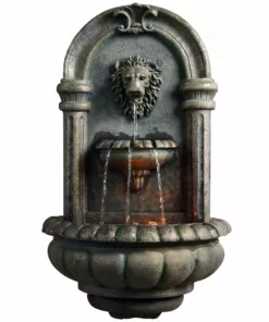 TeamsonUS New Teamson Home Outdoor Tiered Lion Head Stone Wall Waterfall Fountain With LED Light, Black