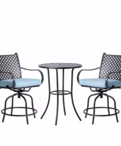 TeamsonUS Teamson Home Outdoor 3 Piece Steel Bar Height Bistro Table And Swivel Chairs With Cushions Set, Black
