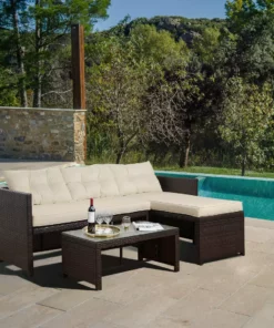 TeamsonUS Teamson Home Outdoor 3-Piece Rattan Patio Sectional Set With Loveseat, Chaise Lounge And Coffee Table, Brown/White