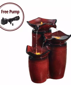 TeamsonUS Teamson Home Outdoor 3-Tier Glazed Pot Floor Fountain With LED Lights, Red