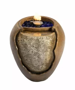 TeamsonUS Teamson Home Large Outdoor Water Fountain Pot With Fire Pit And Fire Glass, Brown New