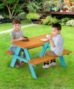 TeamsonUS Teamson Kids Child Sized Wooden Outdoor Picnic Table, Warm Honey/Aqua
