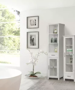 TeamsonUS Teamson Home Delaney Free Standing Tall Slim Linen Storage Cabinet Tower With Glass Panel Door 11 TeamsonUS Teamson Home Delaney Free Standing Tall Slim Linen Storage Cabinet Tower With Glass Panel Door