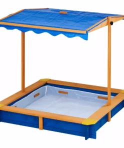 TeamsonUS Teamson Kids 4' Square Solid Wood Sandbox With Rotatable Canopy Cover, Honey/Blue