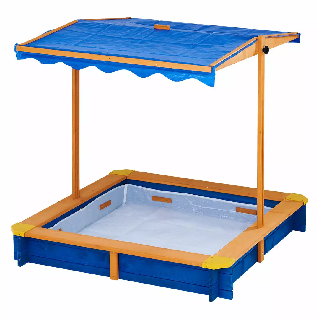TeamsonUS Teamson Kids 4' Square Solid Wood Sandbox With Rotatable Canopy Cover, Honey/Blue 4 TeamsonUS Teamson Kids 4' Square Solid Wood Sandbox With Rotatable Canopy Cover, Honey/Blue